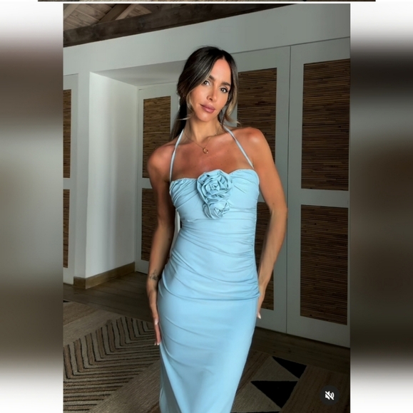 Zara FLOWERS STRAPLESS MIDI DRESS SIZE L XL BLUE - Picture 12 of 16